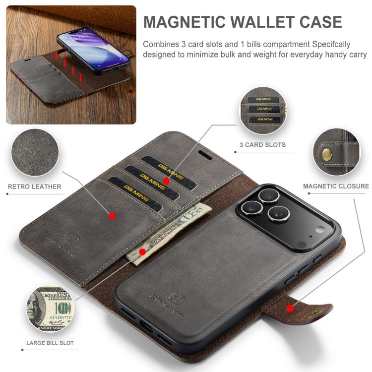 For iPhone 17 Pro Max DG.MING Crazy Horse Texture Detachable Magnetic Leather Phone Case(Grey) by DG.MING