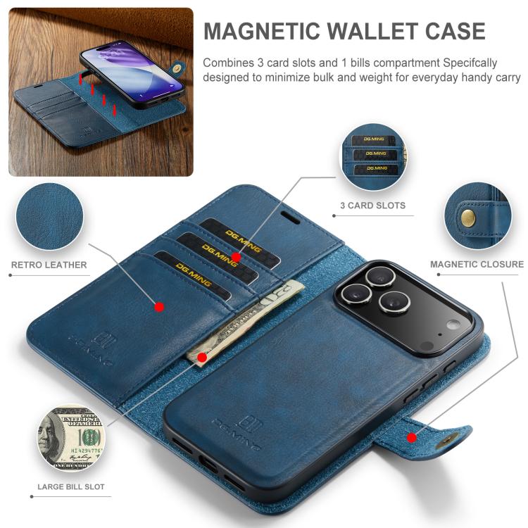 For iPhone 17 Pro Max DG.MING Crazy Horse Texture Detachable Magnetic Leather Phone Case(Blue) by DG.MING