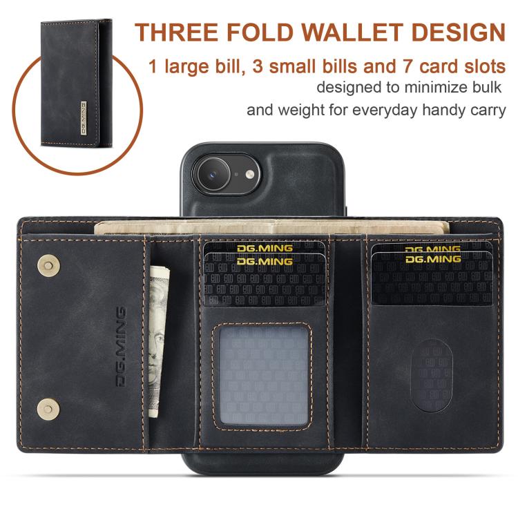 For iPhone 16e DG.MING M1 Series 3-Fold Multi Card Wallet Leather Phone Case(Black) by DG.MING