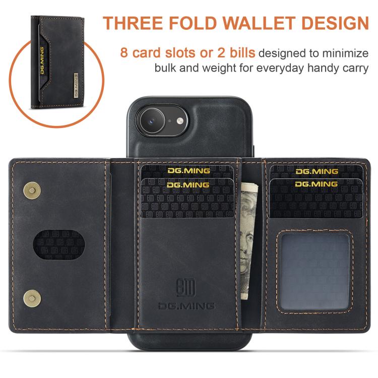 For iPhone 16e DG.MING M2 Series 3-Fold Card Bag Wallet Leather Phone Case(Black) by DG.MING