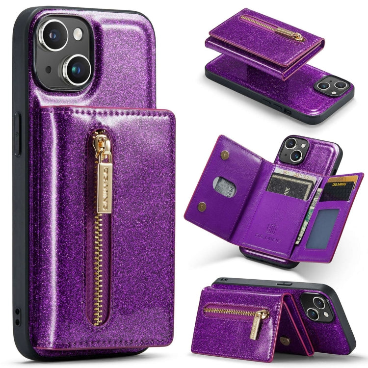 For iPhone 15 DG.MING M3 Series Glitter Powder Card Bag Leather Phone Case(Dark Purple) by DG.MING