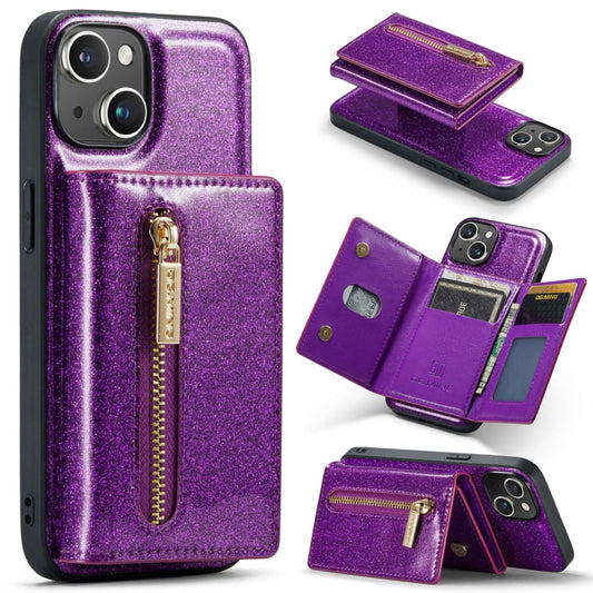 For iPhone 15 DG.MING M3 Series Glitter Powder Card Bag Leather Phone Case(Dark Purple) by DG.MING