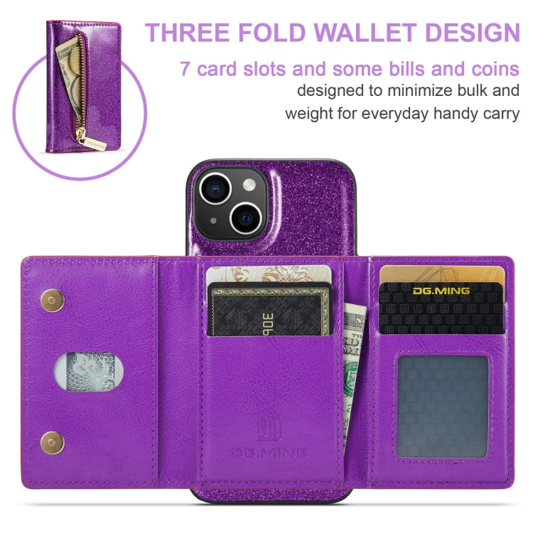For iPhone 15 DG.MING M3 Series Glitter Powder Card Bag Leather Phone Case(Dark Purple) by DG.MING
