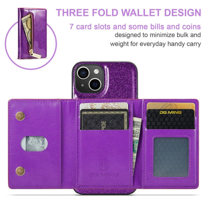 For iPhone 15 DG.MING M3 Series Glitter Powder Card Bag Leather Phone Case(Dark Purple) by DG.MING