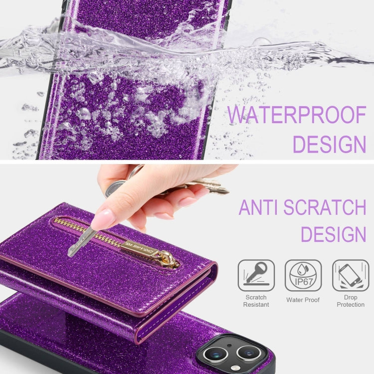 For iPhone 15 DG.MING M3 Series Glitter Powder Card Bag Leather Phone Case(Dark Purple) by DG.MING