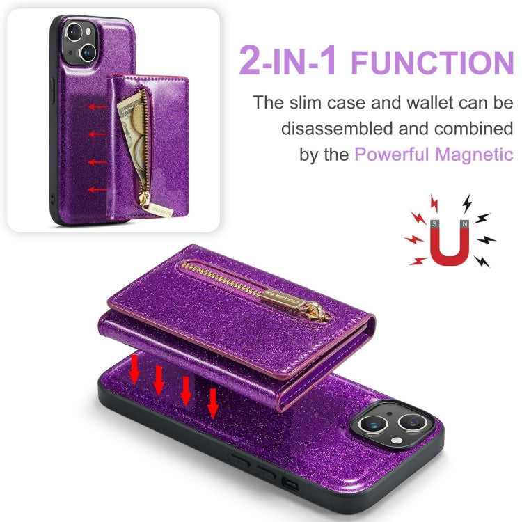 For iPhone 15 DG.MING M3 Series Glitter Powder Card Bag Leather Phone Case(Dark Purple) by DG.MING
