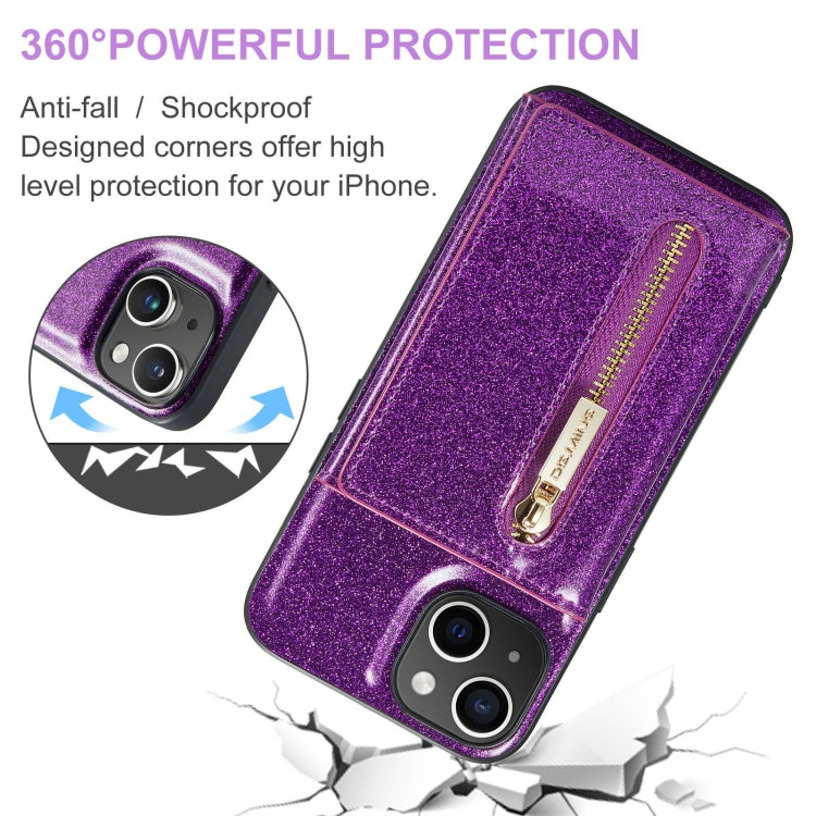 For iPhone 15 DG.MING M3 Series Glitter Powder Card Bag Leather Phone Case(Dark Purple) by DG.MING