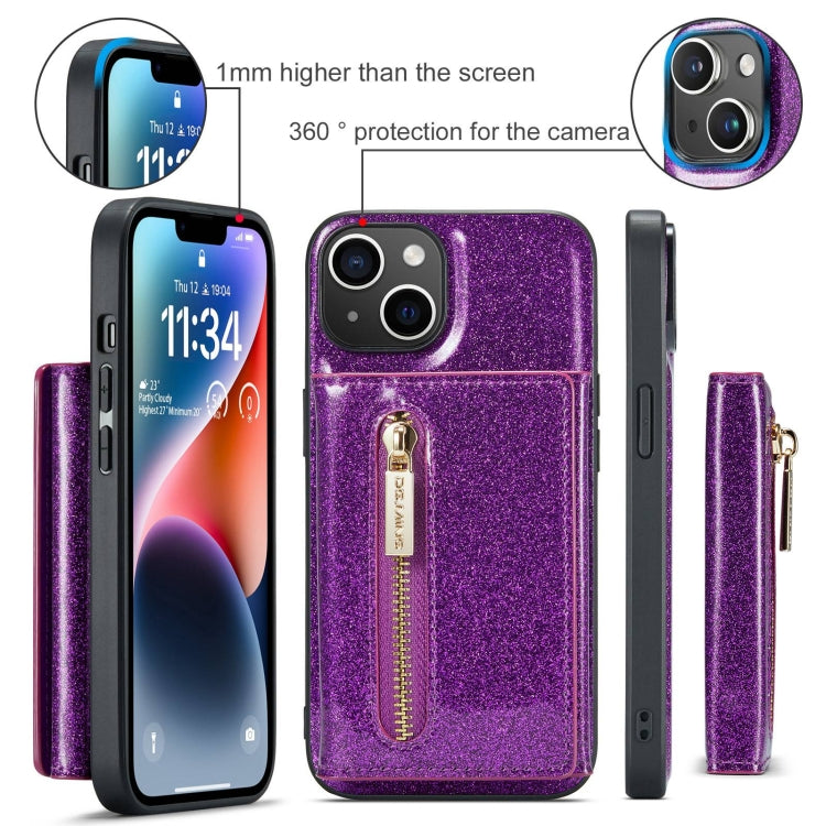 For iPhone 15 DG.MING M3 Series Glitter Powder Card Bag Leather Phone Case(Dark Purple) by DG.MING