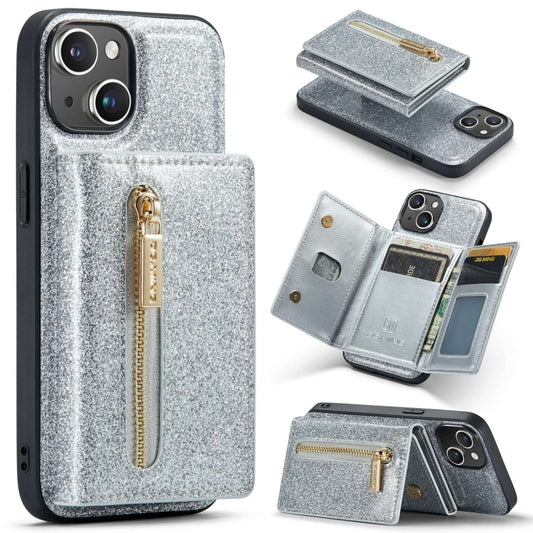 For iPhone 15 Plus DG.MING M3 Series Glitter Powder Card Bag Leather Phone Case(Silver) by DG.MING