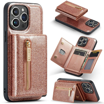 For iPhone 15 Pro DG.MING M3 Series Glitter Powder Card Bag Leather Phone Case(Rose Gold) by DG.MING