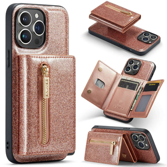 For iPhone 15 Pro DG.MING M3 Series Glitter Powder Card Bag Leather Phone Case(Rose Gold) by DG.MING