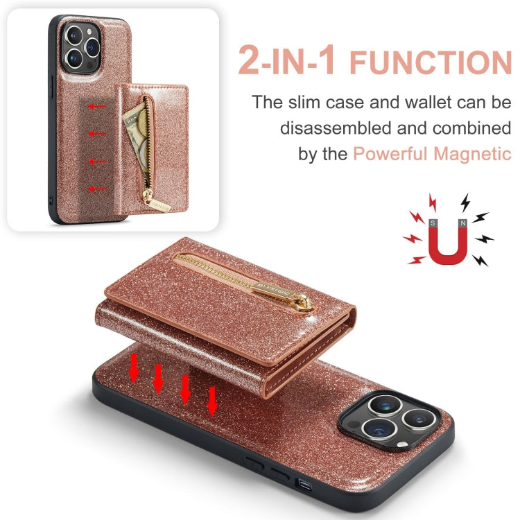 For iPhone 15 Pro DG.MING M3 Series Glitter Powder Card Bag Leather Phone Case(Rose Gold) by DG.MING