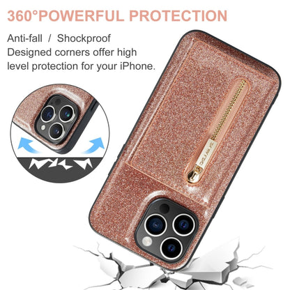 For iPhone 15 Pro DG.MING M3 Series Glitter Powder Card Bag Leather Phone Case(Rose Gold) by DG.MING