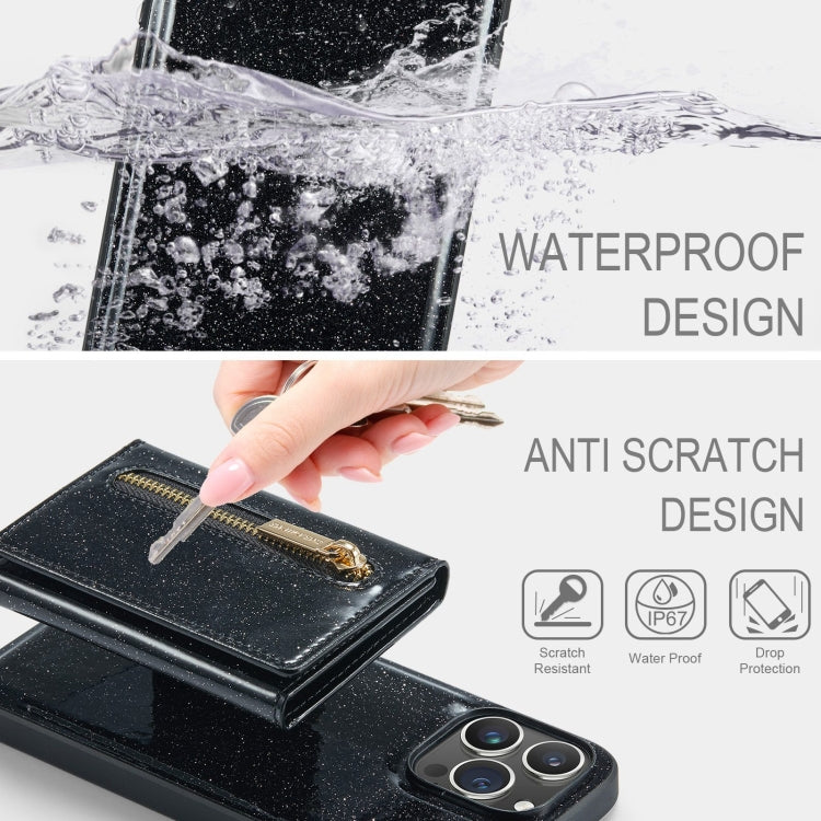 For iPhone 15 Pro Max DG.MING M3 Series Glitter Powder Card Bag Leather Phone Case(Black) by DG.MING