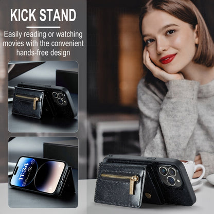 For iPhone 15 Pro Max DG.MING M3 Series Glitter Powder Card Bag Leather Phone Case(Black) by DG.MING
