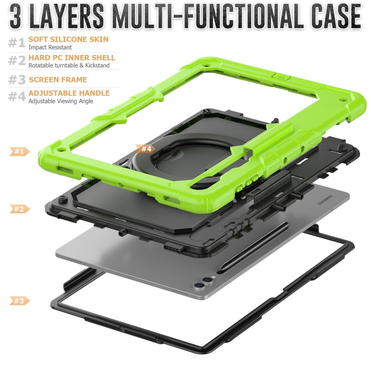 For Samsung Galaxy Tab S10 Ultra D Type Silicone Hybrid PC Tablet Case with Handle Holder(Yellow Green) by bashfashion