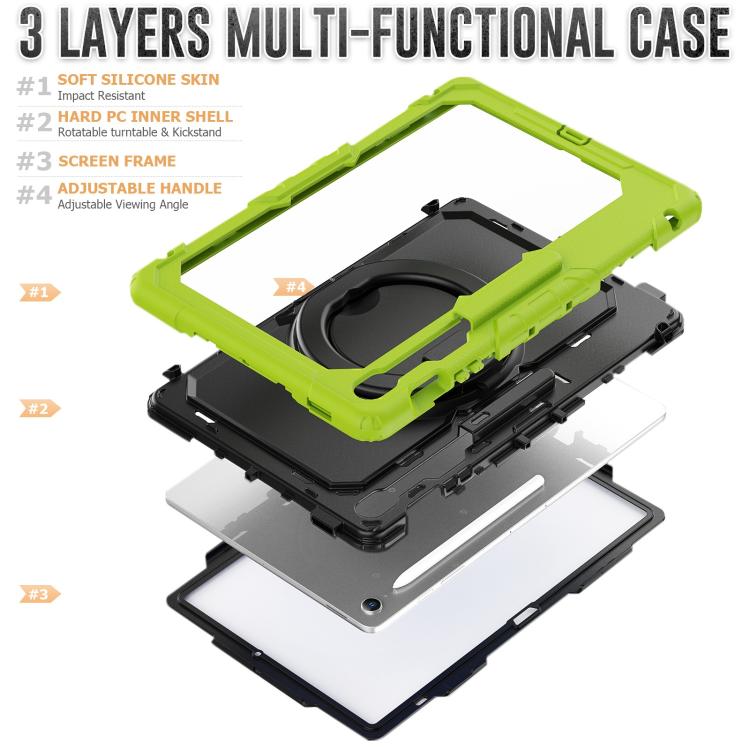 For Samsung Galaxy Tab S10 FE+ D Type Silicone Hybrid PC Tablet Case with Handle Holder(Yellow Green) by bashfashion