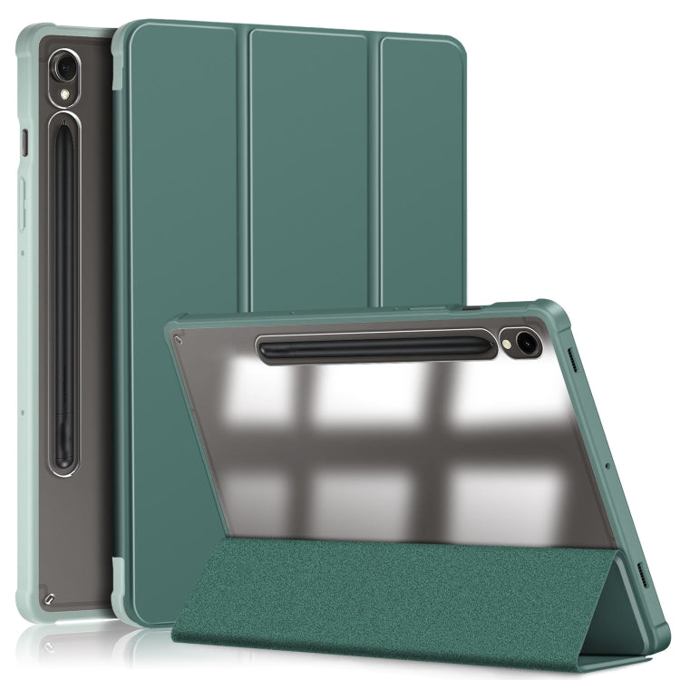 For Samsung Galaxy Tab S9 Acrylic 3-folding Smart Leather Tablet Case(Deep Green) by bashfashion