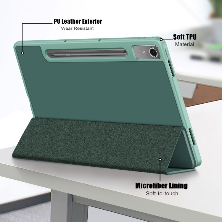 For Lenovo Tab P12 12.7 /P12 Pro 2nd Gen 3-folding TPU Smart Leather Tablet Case(Deep Green) by bashfashion