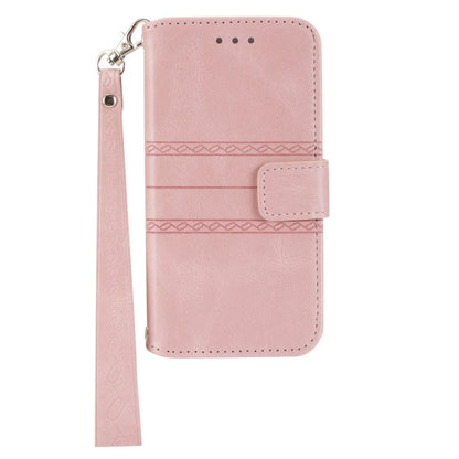 For iPhone 16e Embossed Stripes Skin Feel Leather Phone Case(Pink) by bashfashion