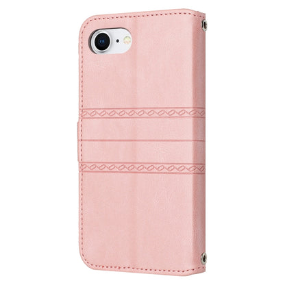 For iPhone 16e Embossed Stripes Skin Feel Leather Phone Case(Pink) by bashfashion