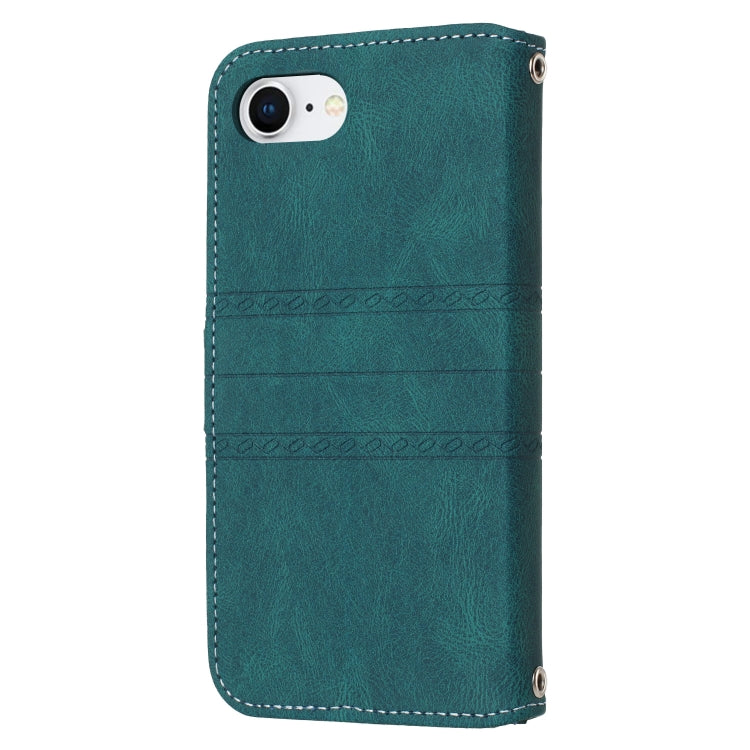 For iPhone 16e Embossed Stripes Skin Feel Leather Phone Case(Dark Green) by bashfashion