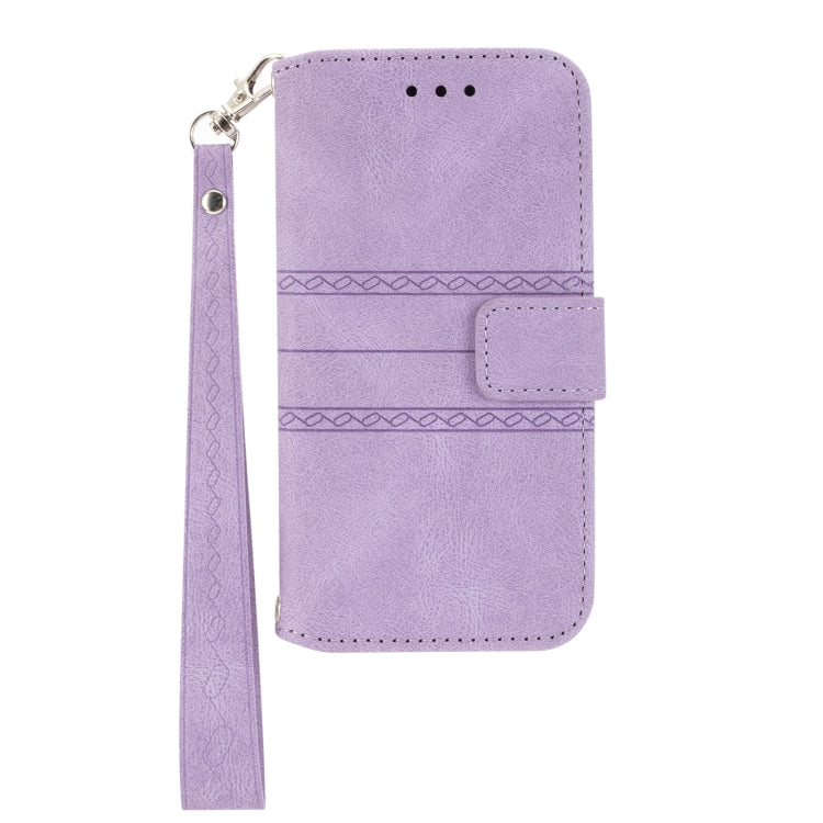 For iPhone 16e Embossed Stripes Skin Feel Leather Phone Case(Light Purple) by bashfashion