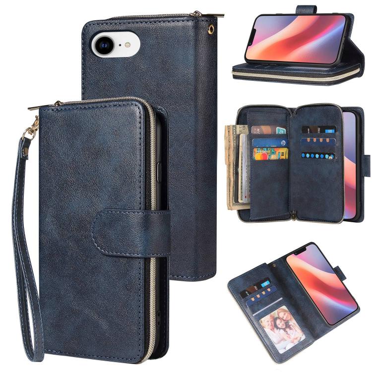 For iPhone 16e 9 Card Slots Zipper Wallet Bag Leather Phone Case(Blue) by bashfashion