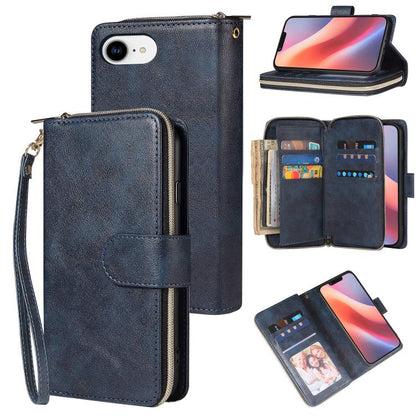 For iPhone 16e 9 Card Slots Zipper Wallet Bag Leather Phone Case(Blue) by bashfashion