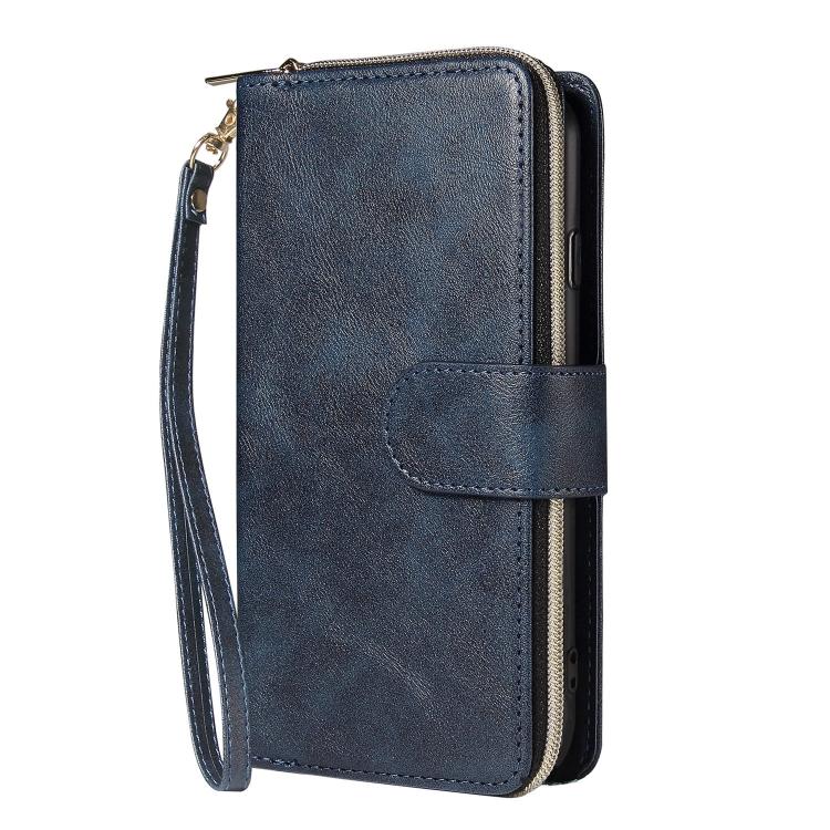 For iPhone 16e 9 Card Slots Zipper Wallet Bag Leather Phone Case(Blue) by bashfashion