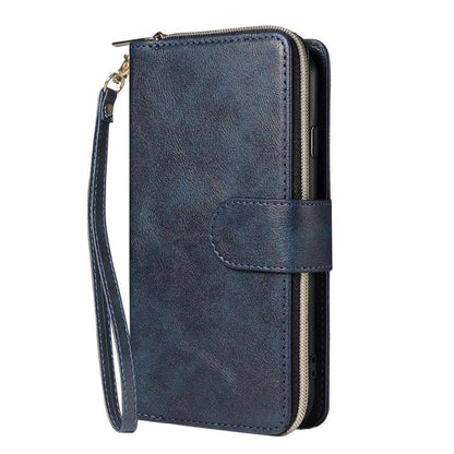 For iPhone 16e 9 Card Slots Zipper Wallet Bag Leather Phone Case(Blue) by bashfashion