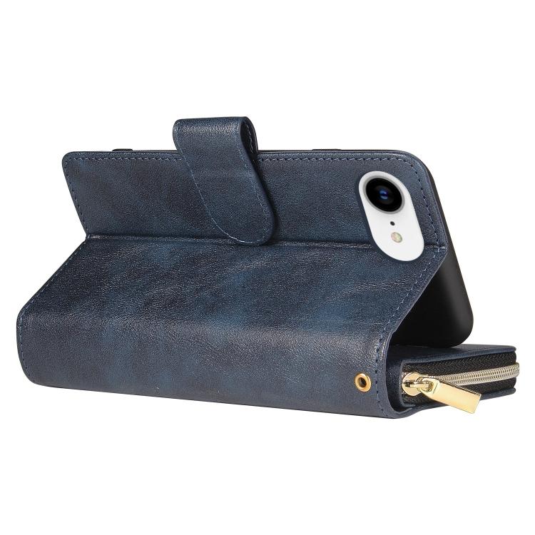 For iPhone 16e 9 Card Slots Zipper Wallet Bag Leather Phone Case(Blue) by bashfashion
