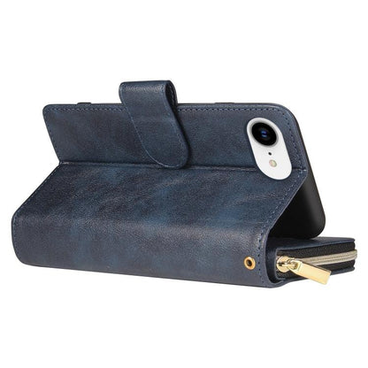 For iPhone 16e 9 Card Slots Zipper Wallet Bag Leather Phone Case(Blue) by bashfashion