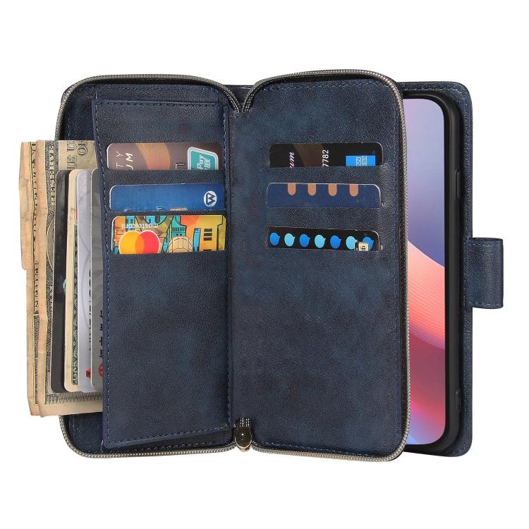For iPhone 16e 9 Card Slots Zipper Wallet Bag Leather Phone Case(Blue) by bashfashion