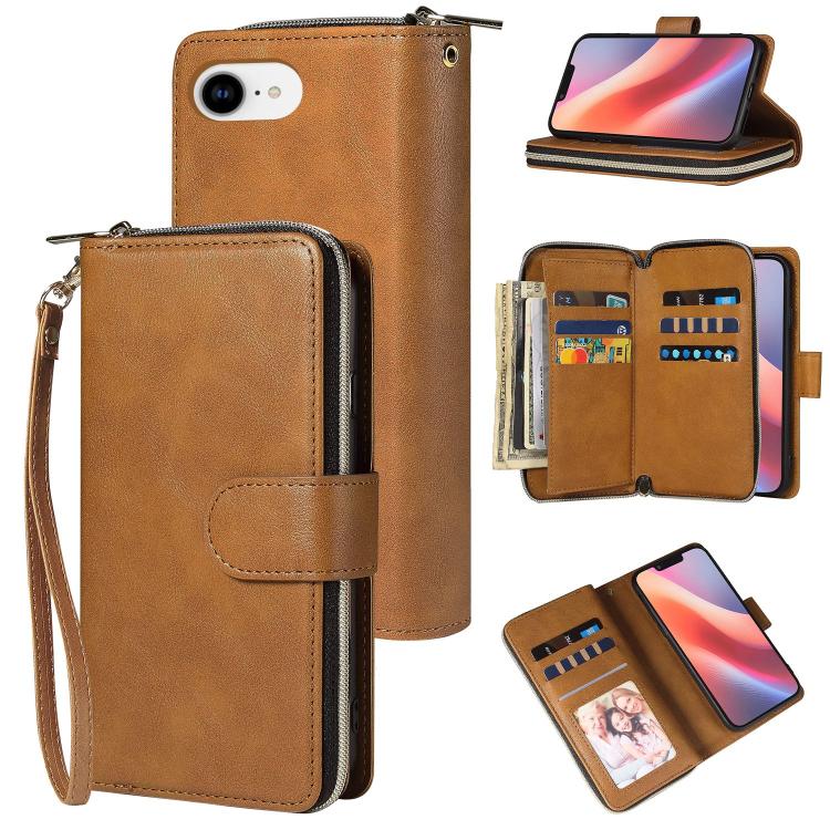 For iPhone 16e 9 Card Slots Zipper Wallet Bag Leather Phone Case(Brown) by bashfashion