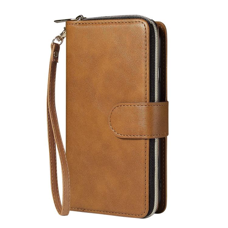 For iPhone 16e 9 Card Slots Zipper Wallet Bag Leather Phone Case(Brown) by bashfashion
