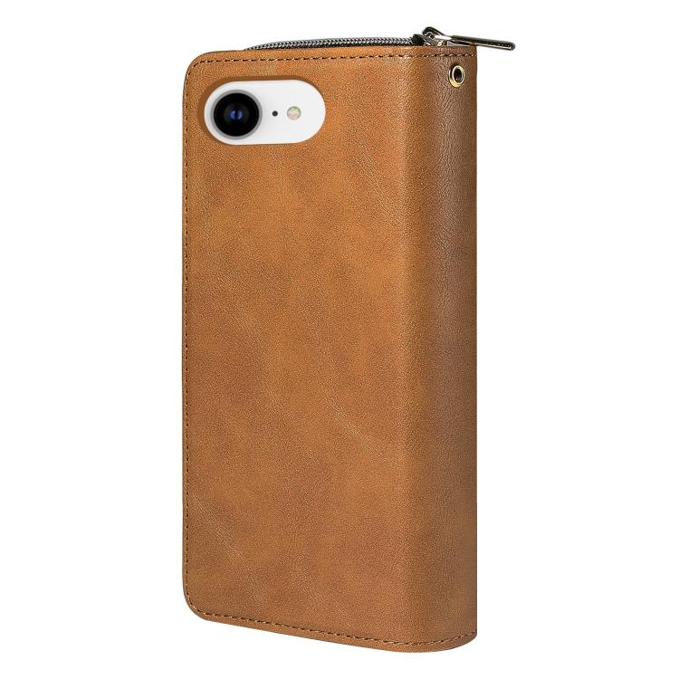 For iPhone 16e 9 Card Slots Zipper Wallet Bag Leather Phone Case(Brown) by bashfashion