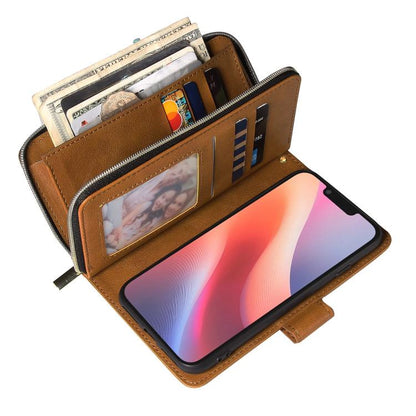 For iPhone 16e 9 Card Slots Zipper Wallet Bag Leather Phone Case(Brown) by bashfashion