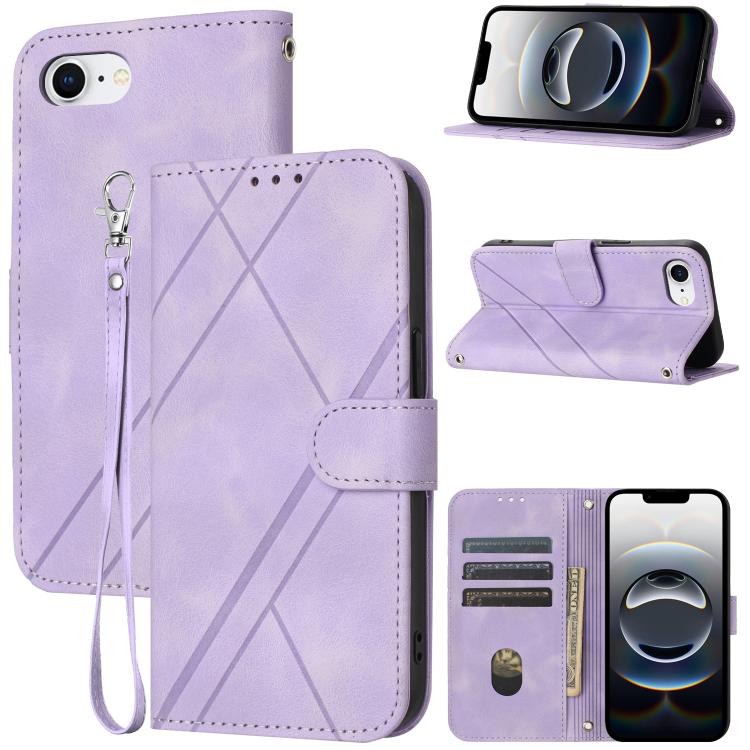 For iPhone 16e Embossed Line Leather Phone Case with Lanyard(Purple) by bashfashion