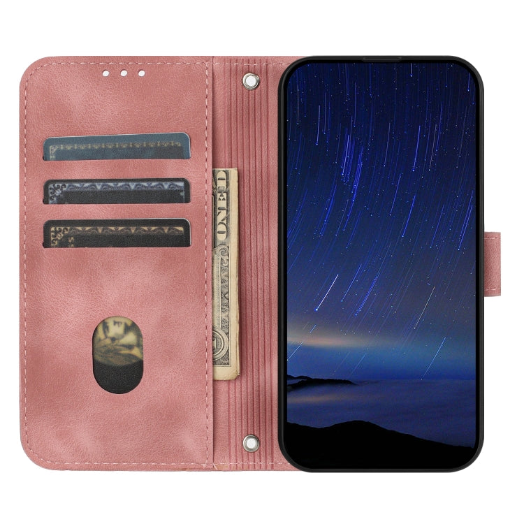 For iPhone 16e Embossed Line Leather Phone Case with Lanyard(Pink) by bashfashion