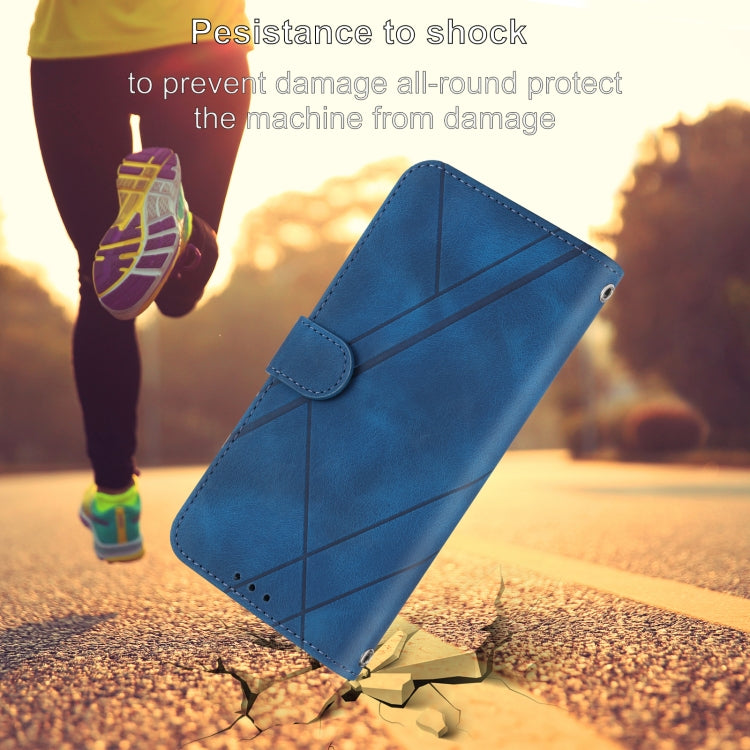 For iPhone 16e Embossed Line Leather Phone Case with Lanyard(Blue) by bashfashion