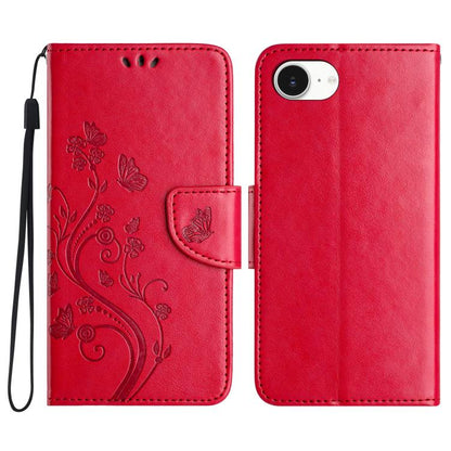 For iPhone 16e Butterfly Flower Pattern Flip Leather Phone Case(Red) by bashfashion