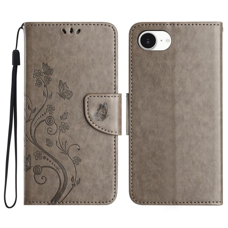 For iPhone 16e Butterfly Flower Pattern Flip Leather Phone Case(Grey) by bashfashion