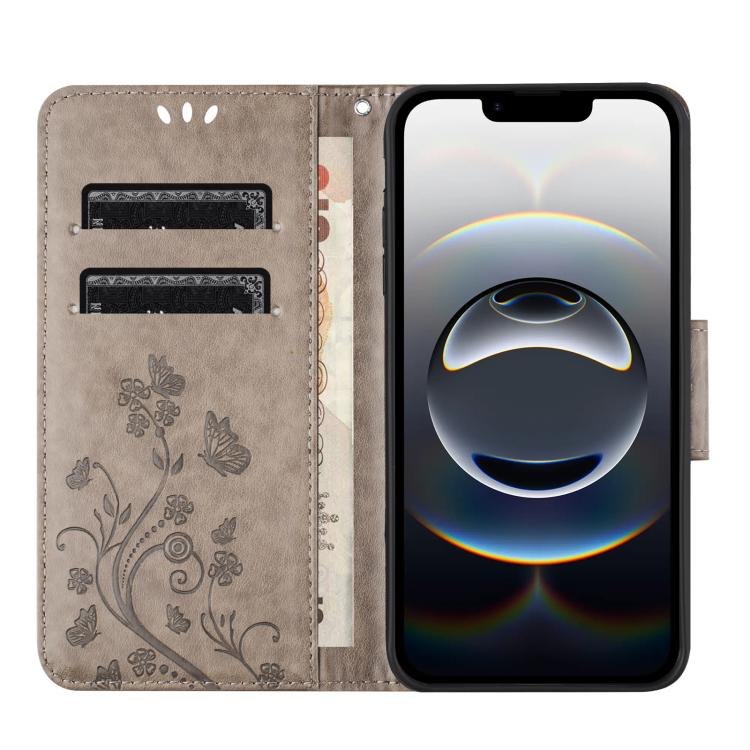 For iPhone 16e Butterfly Flower Pattern Flip Leather Phone Case(Grey) by bashfashion