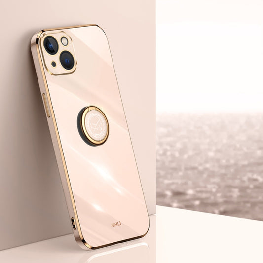 For iPhone 15 Plus XINLI Straight Edge 6D Electroplate TPU Phone Case with Ring Holder(Pink) by XINLI