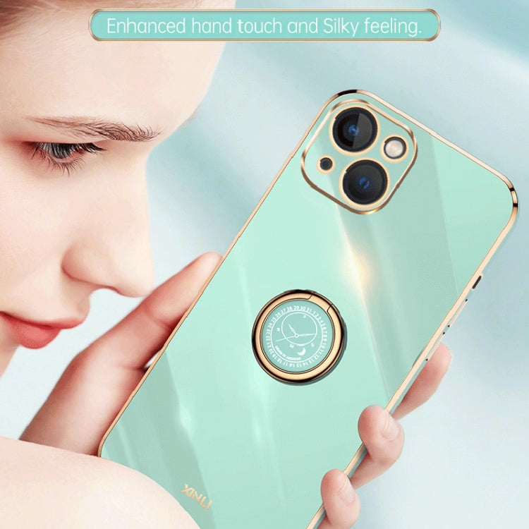For iPhone 15 Plus XINLI Straight Edge 6D Electroplate TPU Phone Case with Ring Holder(Mint Green) by XINLI