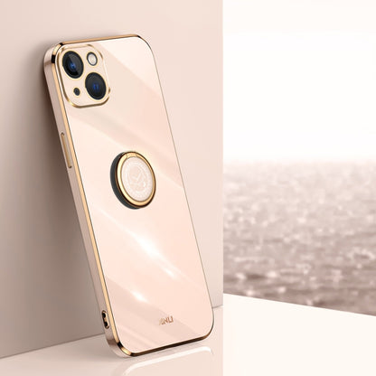 For iPhone 15 XINLI Straight Edge 6D Electroplate TPU Phone Case with Ring Holder(Pink) by XINLI