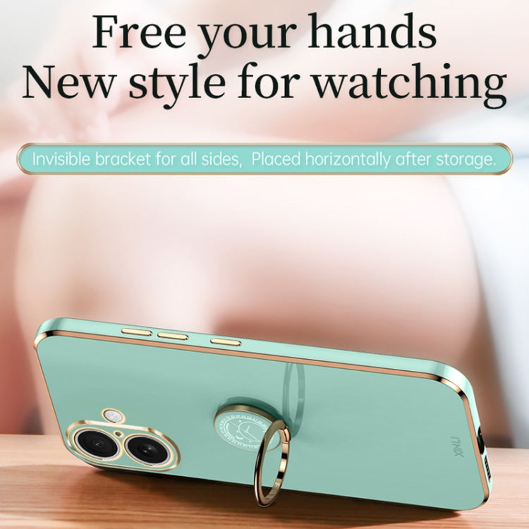 For iPhone 16 XINLI Straight Edge 6D Electroplate TPU Phone Case with Ring Holder(Mint Green) by XINLI