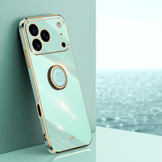 For iPhone 17 Pro XINLI Straight Edge 6D Electroplate TPU Phone Case with Ring Holder(Mint Green) by XINLI