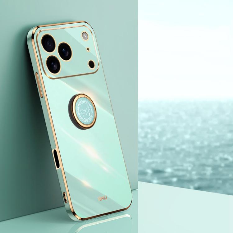For iPhone 17 Pro Max XINLI Straight Edge 6D Electroplate TPU Phone Case with Ring Holder(Mint Green) by XINLI